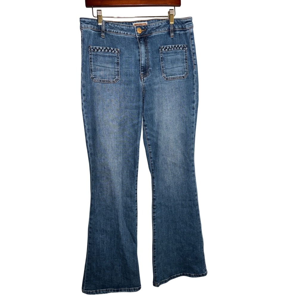Kut from the Kloth Ana High Rise Flare Jeans Blue Braided Patch Pocket Size 12